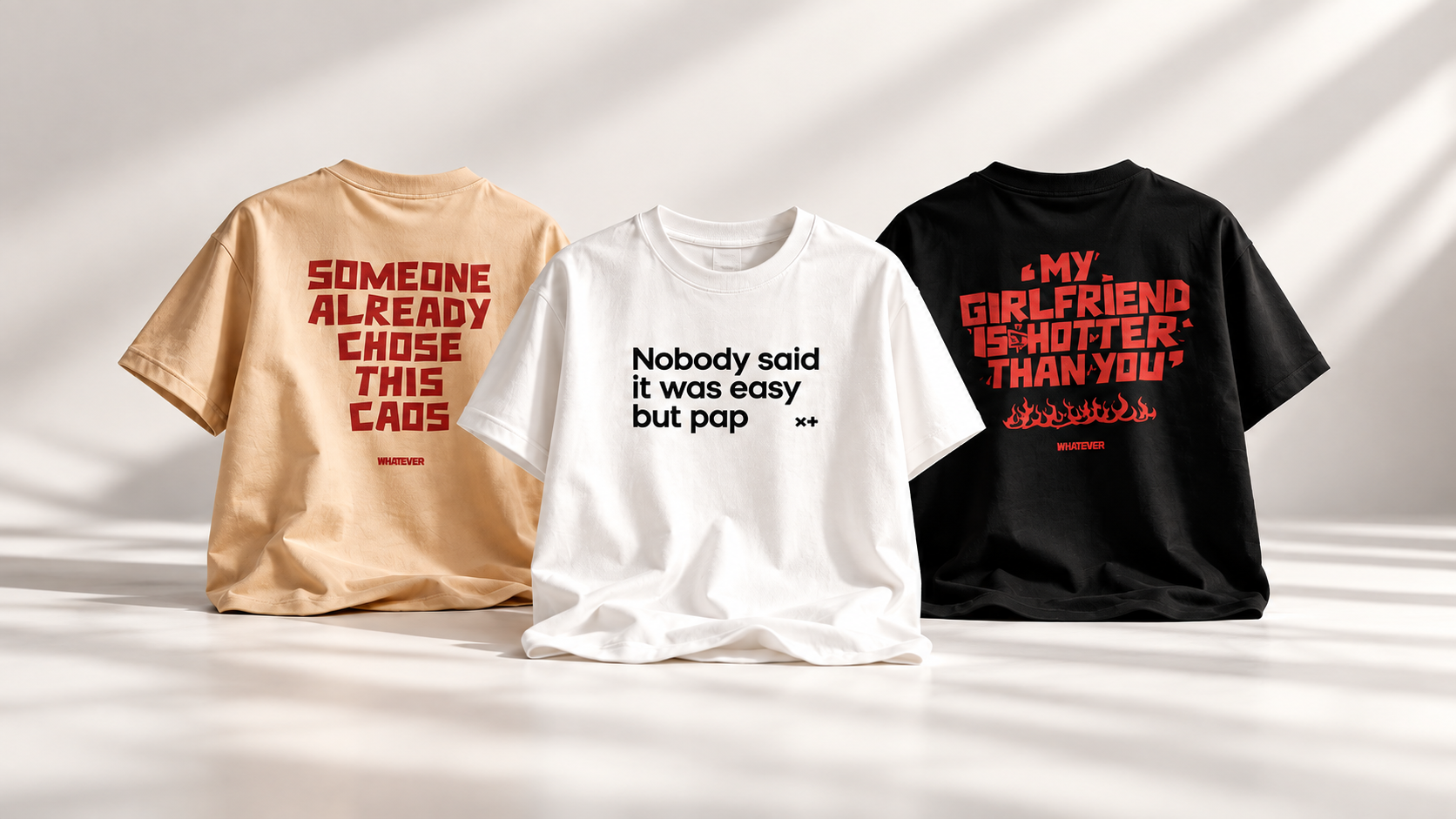 Três camisetas Whatever Club em caqui, branco e preto